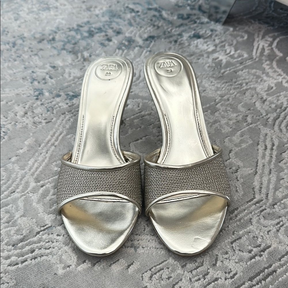 Zara Metallic Silver Slide Sandals